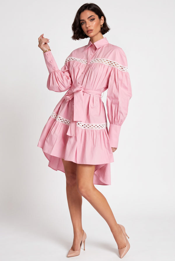 Shirt Collar Lace Trimmed Belted Asymmetrical Dress Pink
