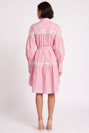Shirt Collar Lace Trimmed Belted Asymmetrical Dress Pink