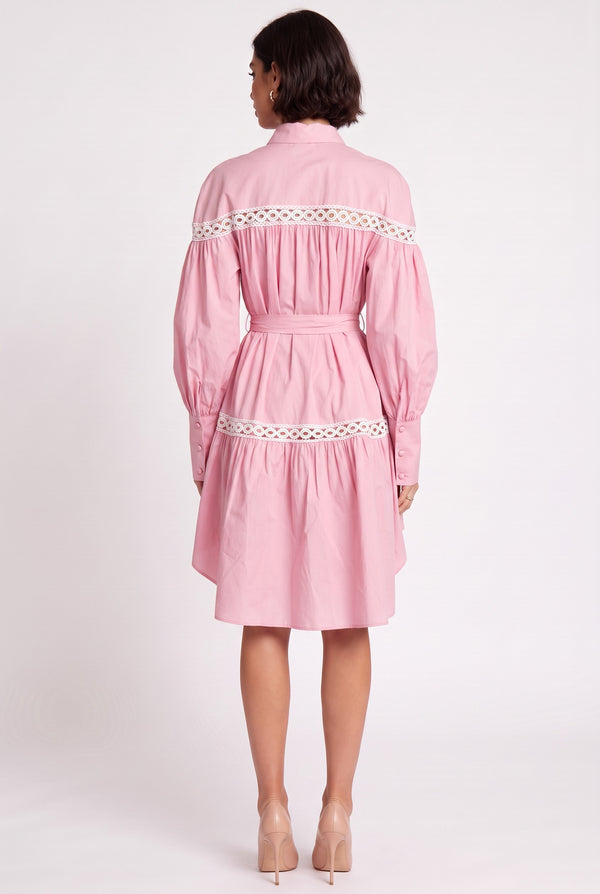 Shirt Collar Lace Trimmed Belted Asymmetrical Dress Pink