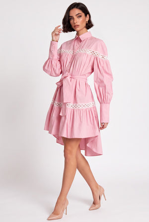 Shirt Collar Lace Trimmed Belted Asymmetrical Dress Pink