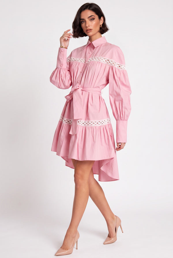 Shirt Collar Lace Trimmed Belted Asymmetrical Dress Pink