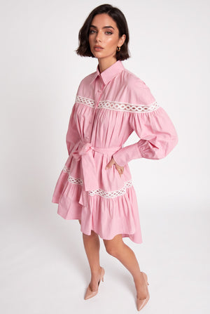 Shirt Collar Lace Trimmed Belted Asymmetrical Dress Pink