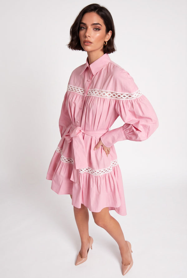 Shirt Collar Lace Trimmed Belted Asymmetrical Dress Pink
