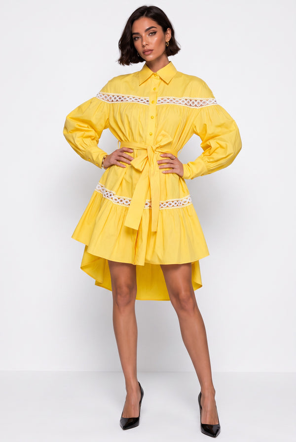 Shirt Collar Lace Trimmed Belted Asymmetrical Dress Yellow