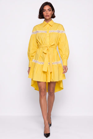 Shirt Collar Lace Trimmed Belted Asymmetrical Dress Yellow