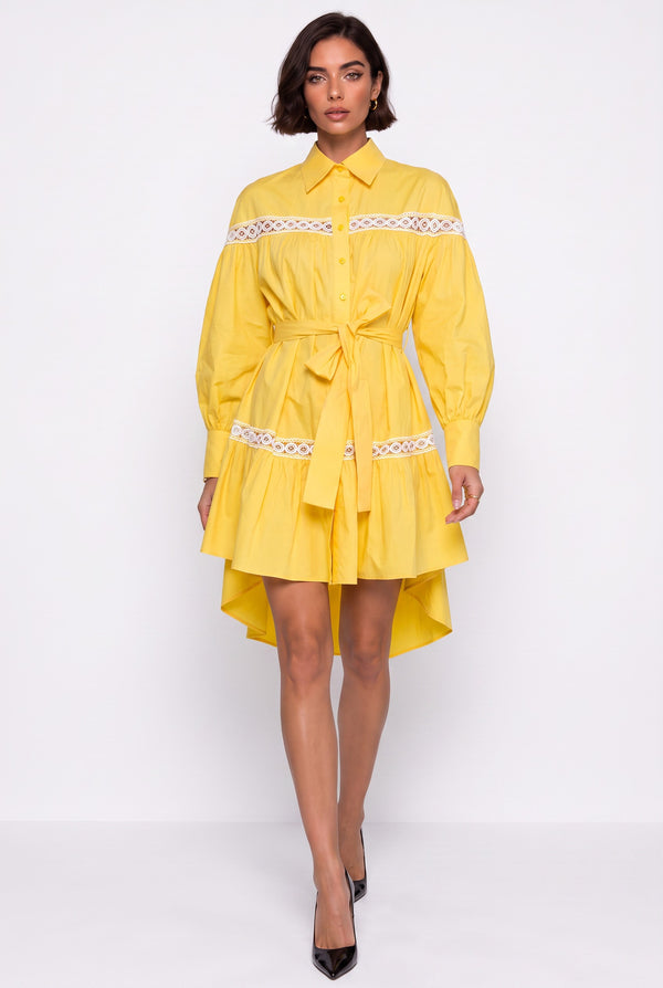 Shirt Collar Lace Trimmed Belted Asymmetrical Dress Yellow
