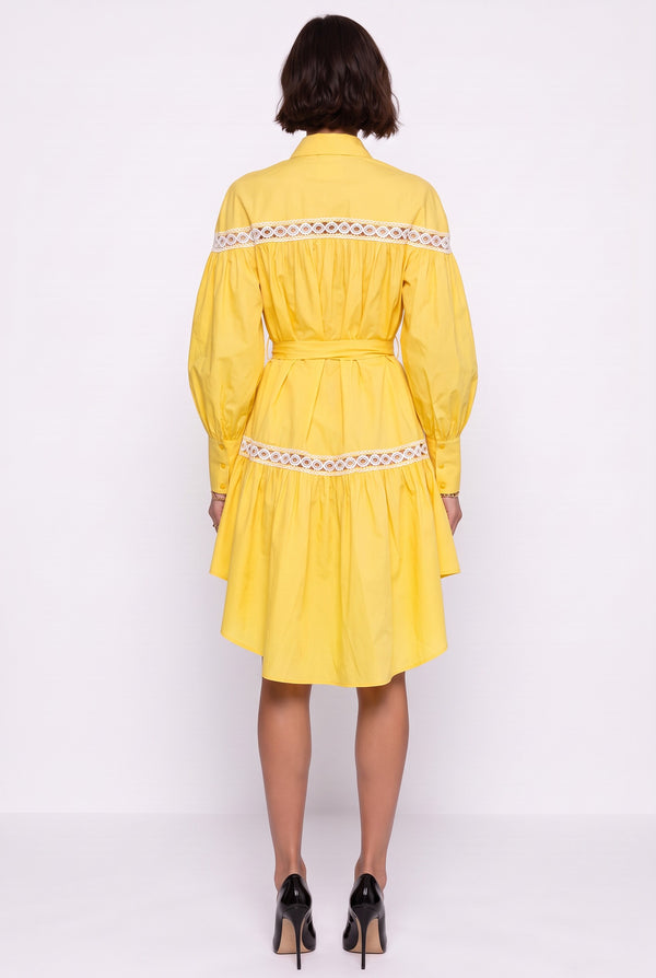 Shirt Collar Lace Trimmed Belted Asymmetrical Dress Yellow