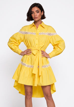 Shirt Collar Lace Trimmed Belted Asymmetrical Dress Yellow