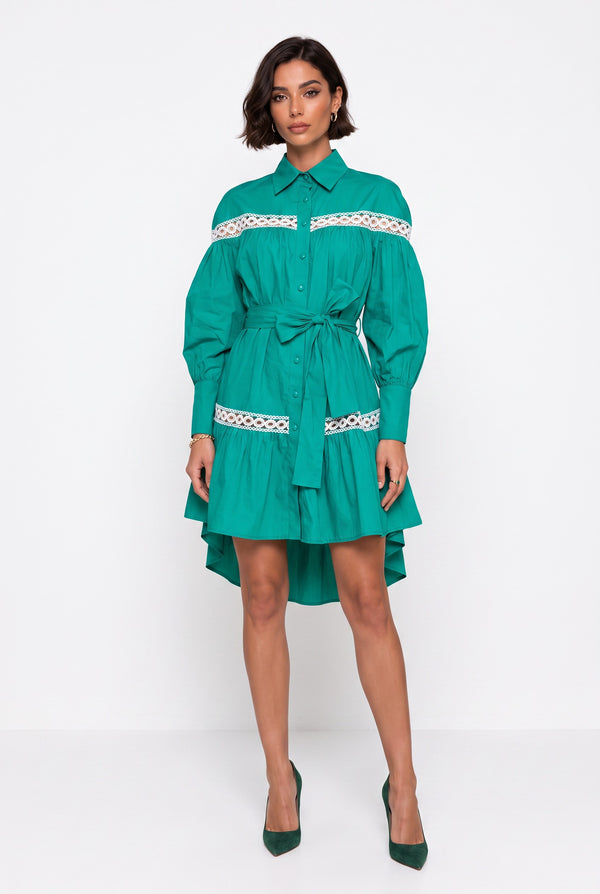 Green Shirt Collar Asymmetric Dress with Lace Trim and Sash