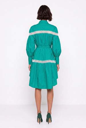 Green Shirt Collar Asymmetric Dress with Lace Trim and Sash
