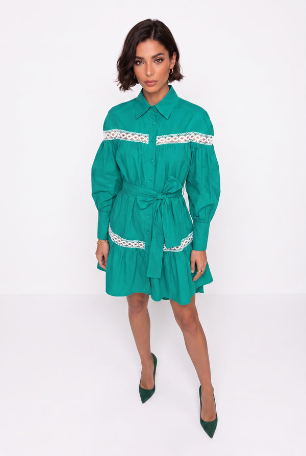 Green Shirt Collar Asymmetric Dress with Lace Trim and Sash