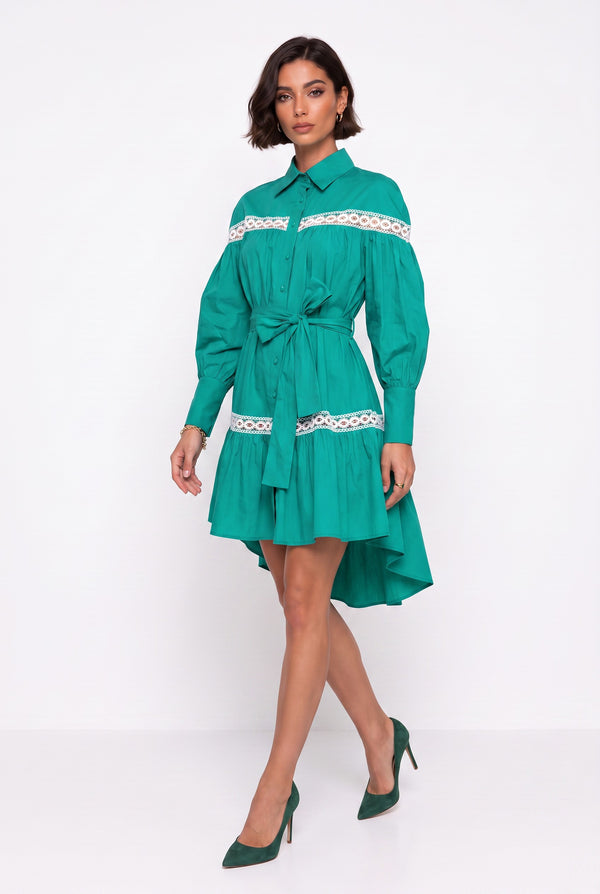 Green Shirt Collar Asymmetric Dress with Lace Trim and Sash