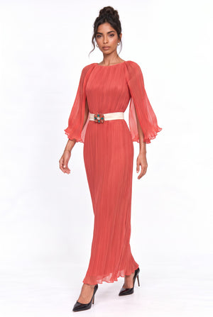 Cape-Detailed Pleated Maxi Dress Fuchsia