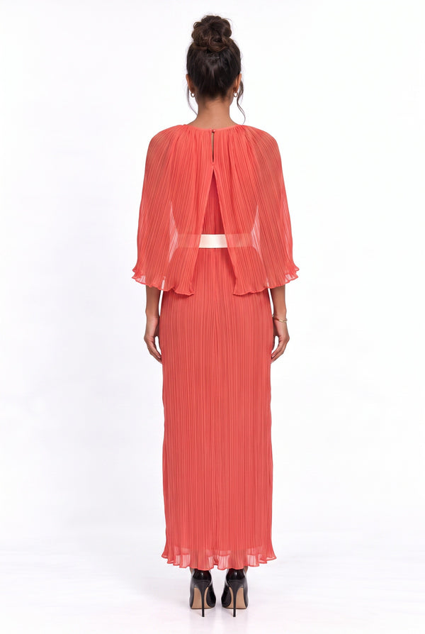 Cape-Detailed Pleated Maxi Dress Fuchsia