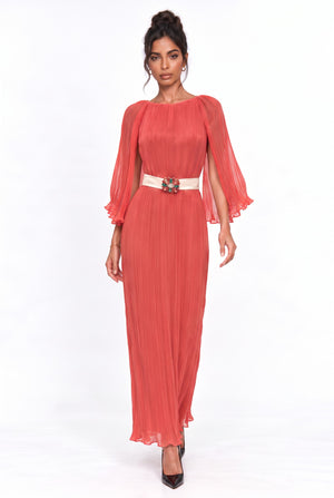 Cape-Detailed Pleated Maxi Dress Fuchsia