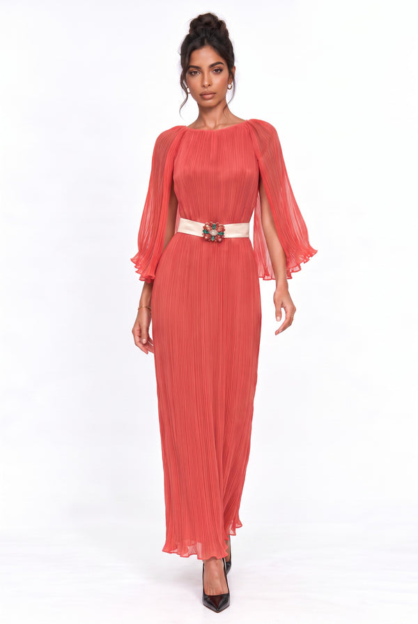 Cape-Detailed Pleated Maxi Dress Fuchsia