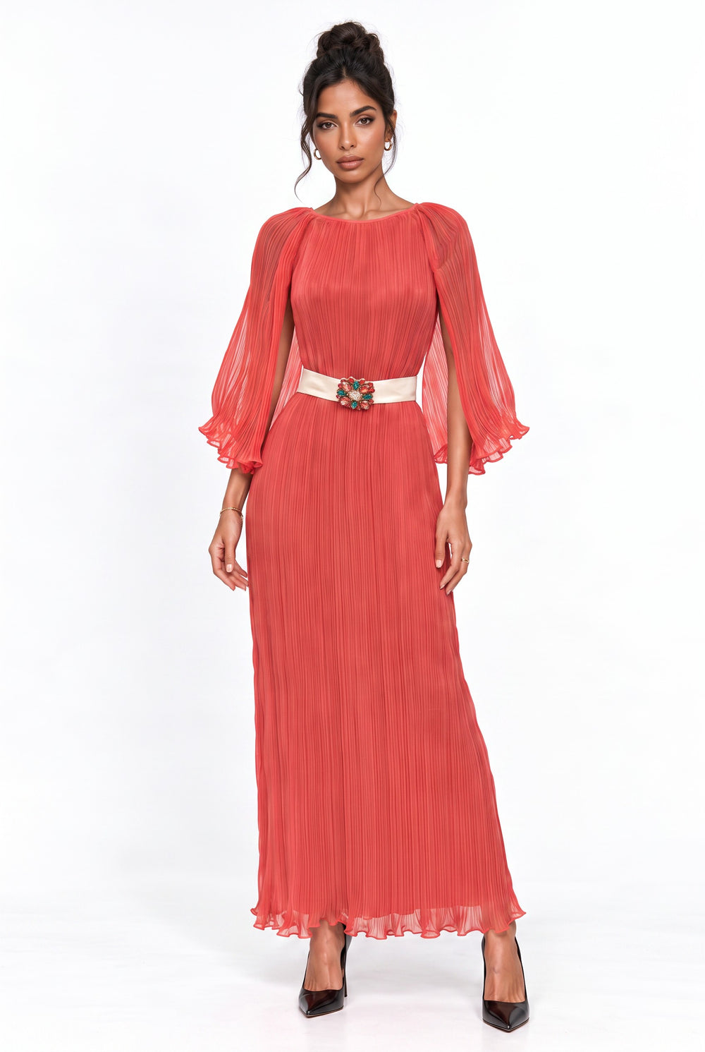 Cape-Detailed Pleated Maxi Dress Fuchsia
