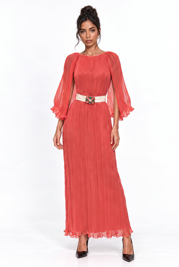 Cape-Detailed Pleated Maxi Dress Fuchsia