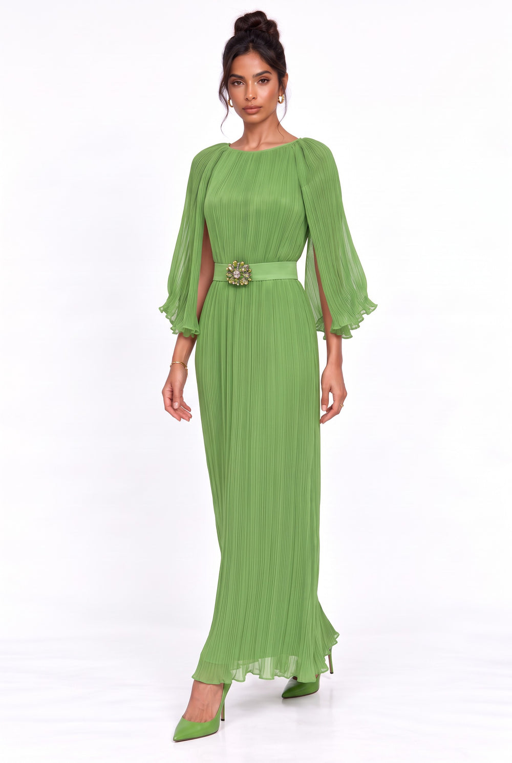 Green Pleated Maxi Dress with Cape Detail
