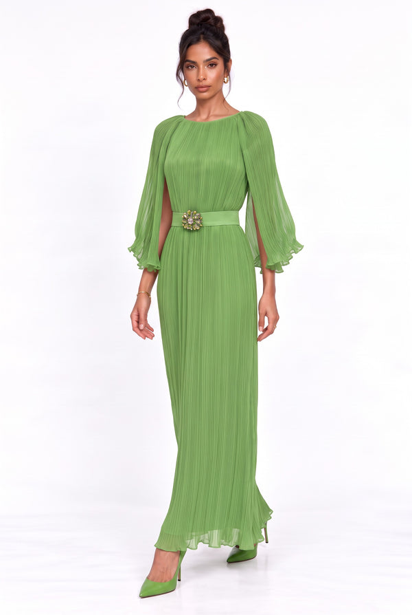 Green Pleated Maxi Dress with Cape Detail
