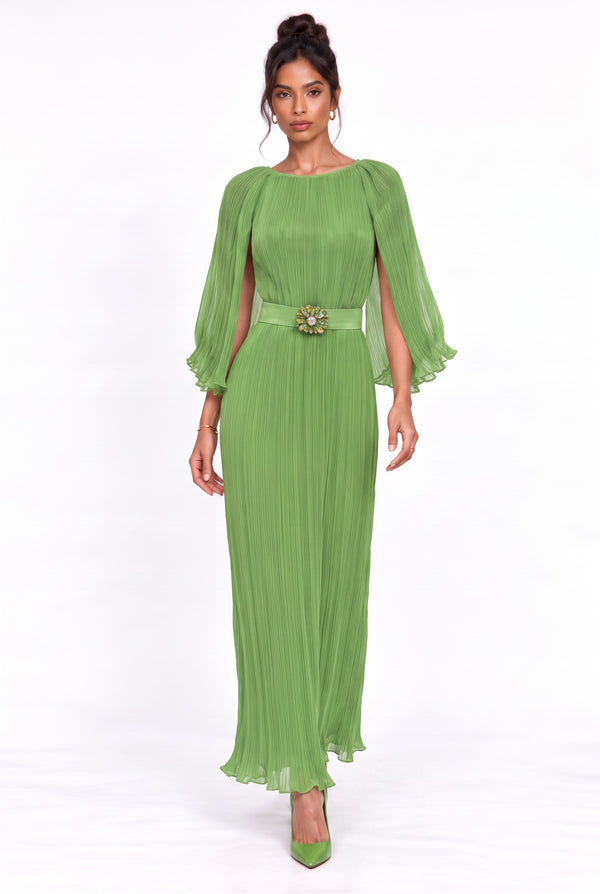 Green Pleated Maxi Dress with Cape Detail
