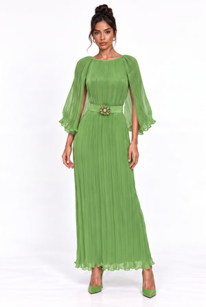 Green Pleated Maxi Dress with Cape Detail