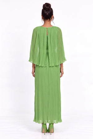 Green Pleated Maxi Dress with Cape Detail