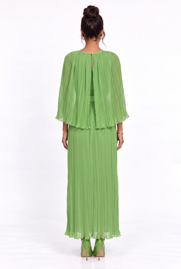 Green Pleated Maxi Dress with Cape Detail