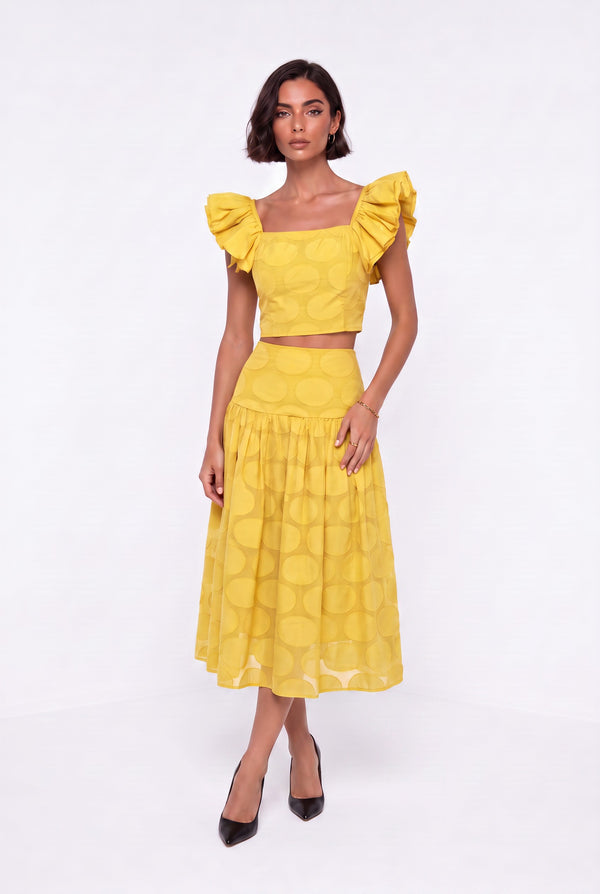 Square Neck Ruffled Sleeve Polka Dot Crop Blouse and Midi Skirt Set Yellow