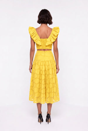Square Neck Ruffled Sleeve Polka Dot Crop Blouse and Midi Skirt Set Yellow