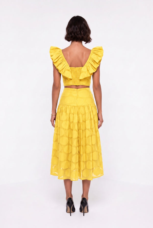 Square Neck Ruffled Sleeve Polka Dot Crop Blouse and Midi Skirt Set Yellow
