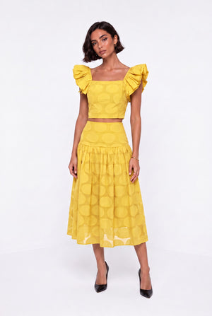 Square Neck Ruffled Sleeve Polka Dot Crop Blouse and Midi Skirt Set Yellow