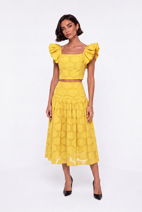 Square Neck Ruffled Sleeve Polka Dot Crop Blouse and Midi Skirt Set Yellow