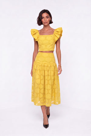 Square Neck Ruffled Sleeve Polka Dot Crop Blouse and Midi Skirt Set Yellow