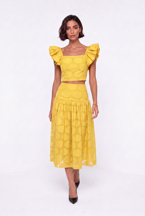 Square Neck Ruffled Sleeve Polka Dot Crop Blouse and Midi Skirt Set Yellow