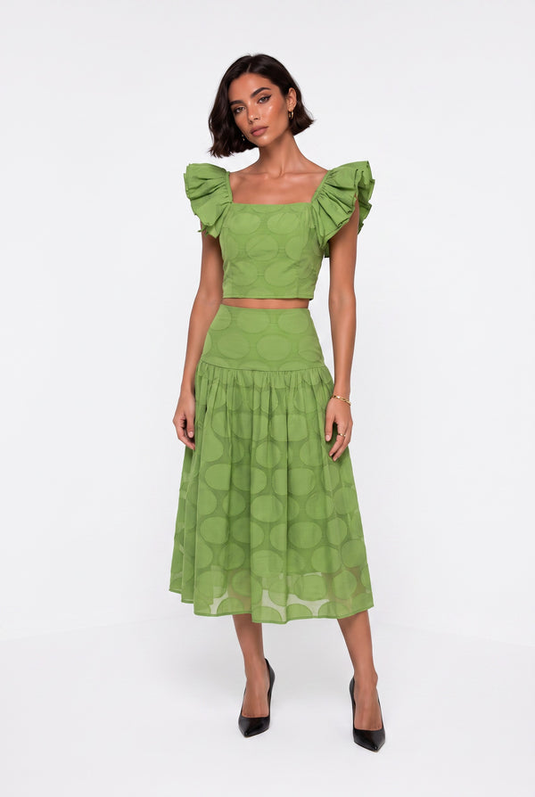 Square Neck Ruffle Sleeve Polka Dot Crop Blouse Midi Skirt Set Green