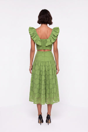 Square Neck Ruffle Sleeve Polka Dot Crop Blouse Midi Skirt Set Green