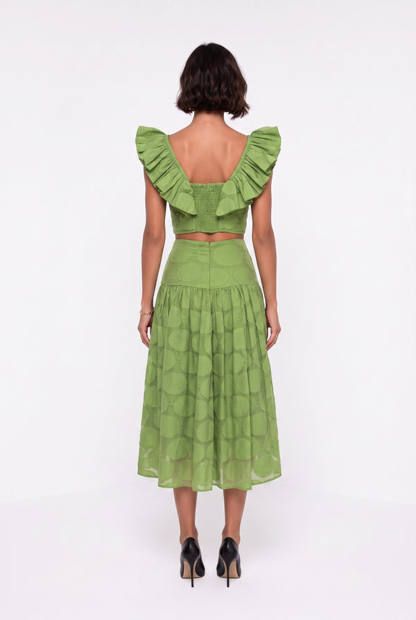 Square Neck Ruffle Sleeve Polka Dot Crop Blouse Midi Skirt Set Green