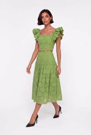 Square Neck Ruffle Sleeve Polka Dot Crop Blouse Midi Skirt Set Green