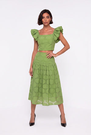 Square Neck Ruffle Sleeve Polka Dot Crop Blouse Midi Skirt Set Green