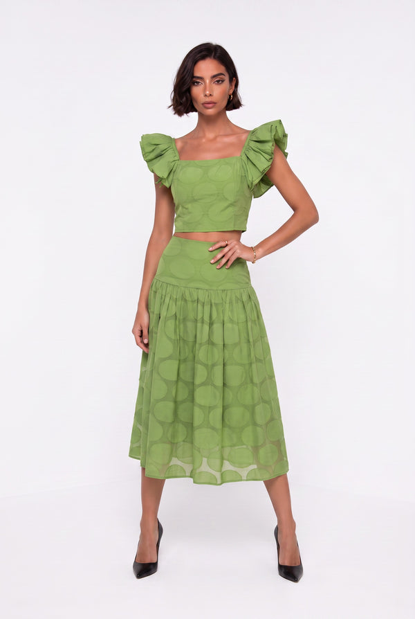 Square Neck Ruffle Sleeve Polka Dot Crop Blouse Midi Skirt Set Green