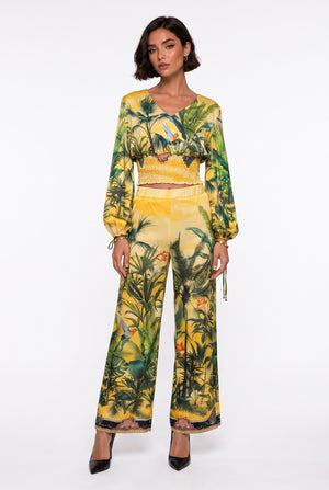 Yellow V-Neck Tropical Print Crop Blouse and Pants Set