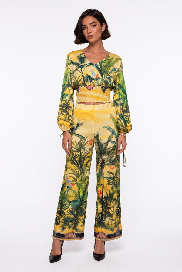 Yellow V-Neck Tropical Print Crop Blouse and Pants Set