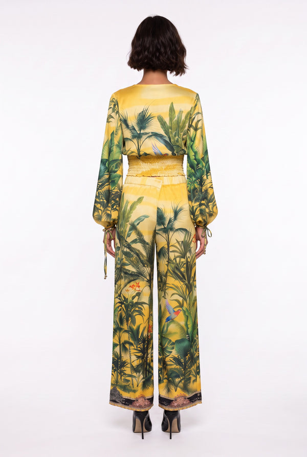 Yellow V-Neck Tropical Print Crop Blouse and Pants Set