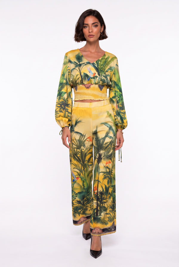 Yellow V-Neck Tropical Print Crop Blouse and Pants Set