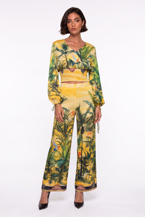 Yellow V-Neck Tropical Print Crop Blouse and Pants Set