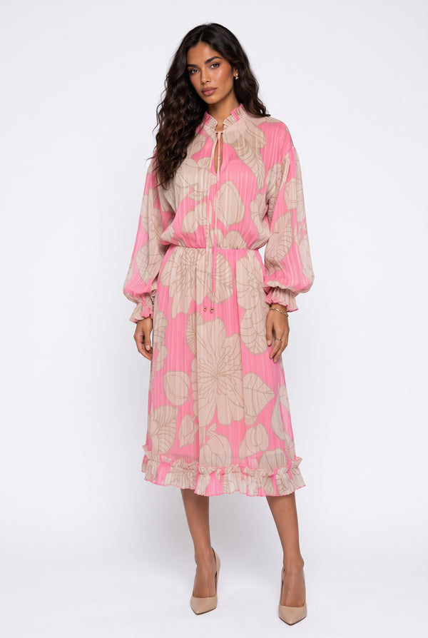 Fuchsia Midi Dress with Drawstring Neck, Large Floral Print, Long Sleeves, and Ruffles