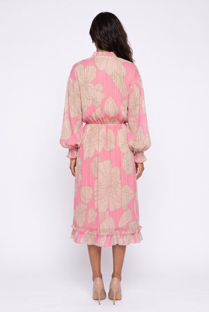 Fuchsia Midi Dress with Drawstring Neck, Large Floral Print, Long Sleeves, and Ruffles
