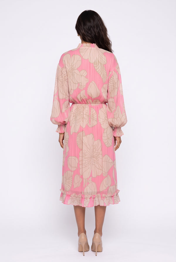 Fuchsia Midi Dress with Drawstring Neck, Large Floral Print, Long Sleeves, and Ruffles