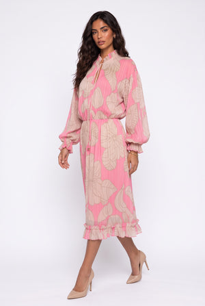 Fuchsia Midi Dress with Drawstring Neck, Large Floral Print, Long Sleeves, and Ruffles